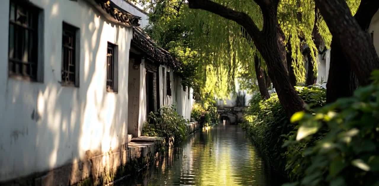 视频描述：一条河道蜿蜒穿过古朴的江南水乡。河道两侧