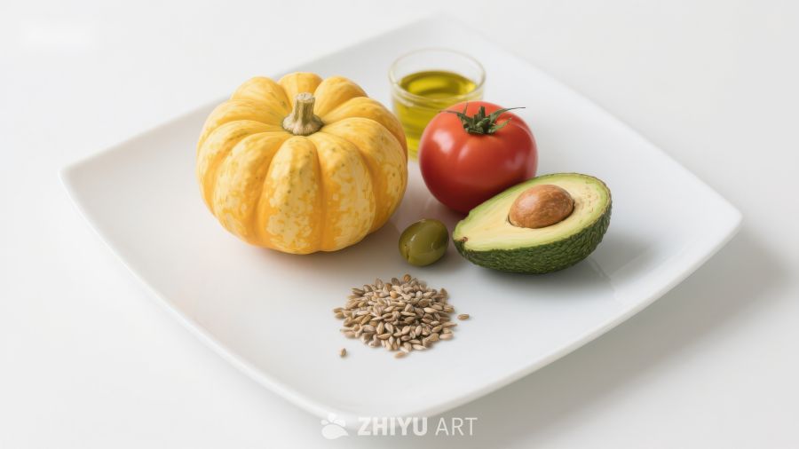健康食材组合：南瓜、番茄、牛油果与橄榄油