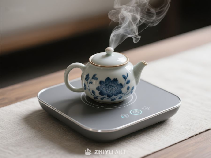 蒸汽腾腾的茶壶置于智能温控器上 444