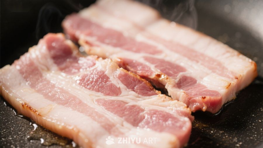 煎锅中的培根正在烹饪