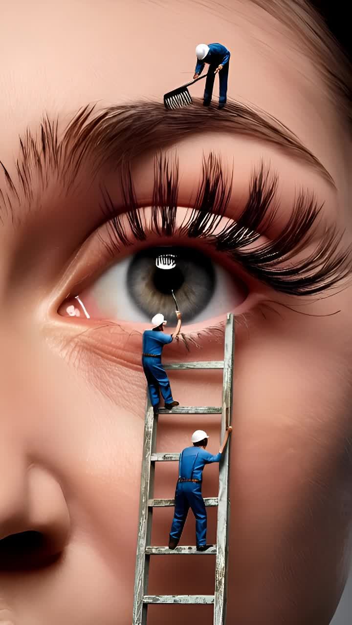 一张年轻女人的脸部的超现实微距摄影，焦点集中在她的