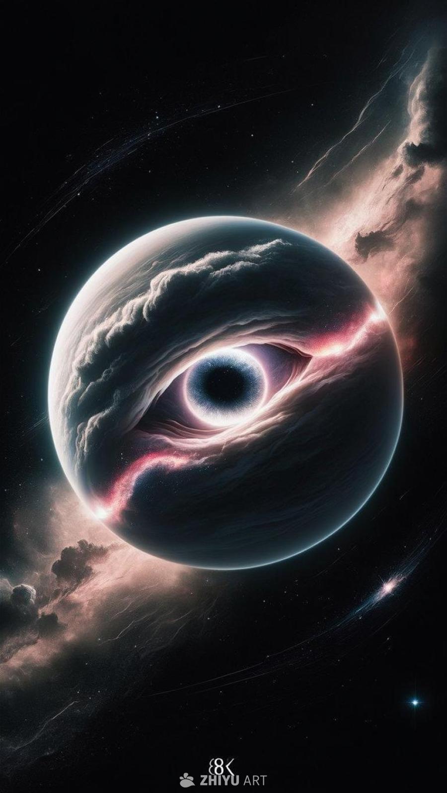 一个巨大的、栩栩如生的天体星球漂浮在浩瀚的宇宙黑暗