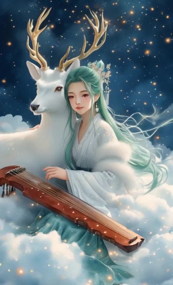 云海仙女抚琴，白鹿相伴，星空梦幻仙境。