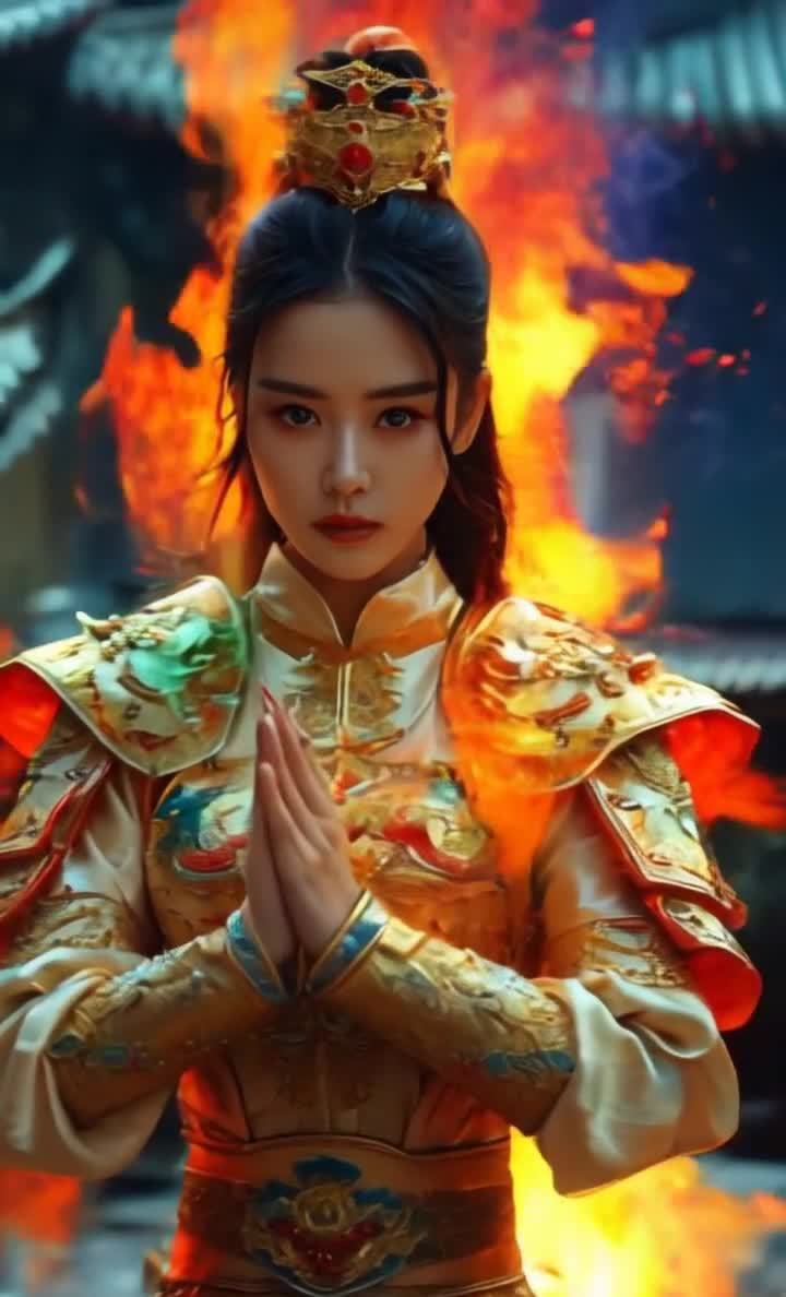 火焰环绕下的古代女性祈祷，龙纹头饰与服饰