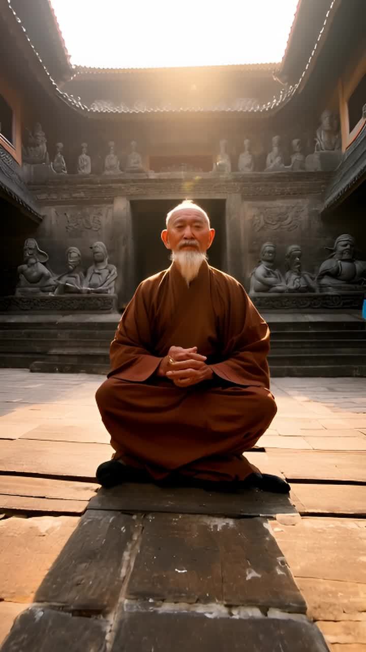 一位身穿棕色长袍的老年少林大师，在寺庙庭院内的木制