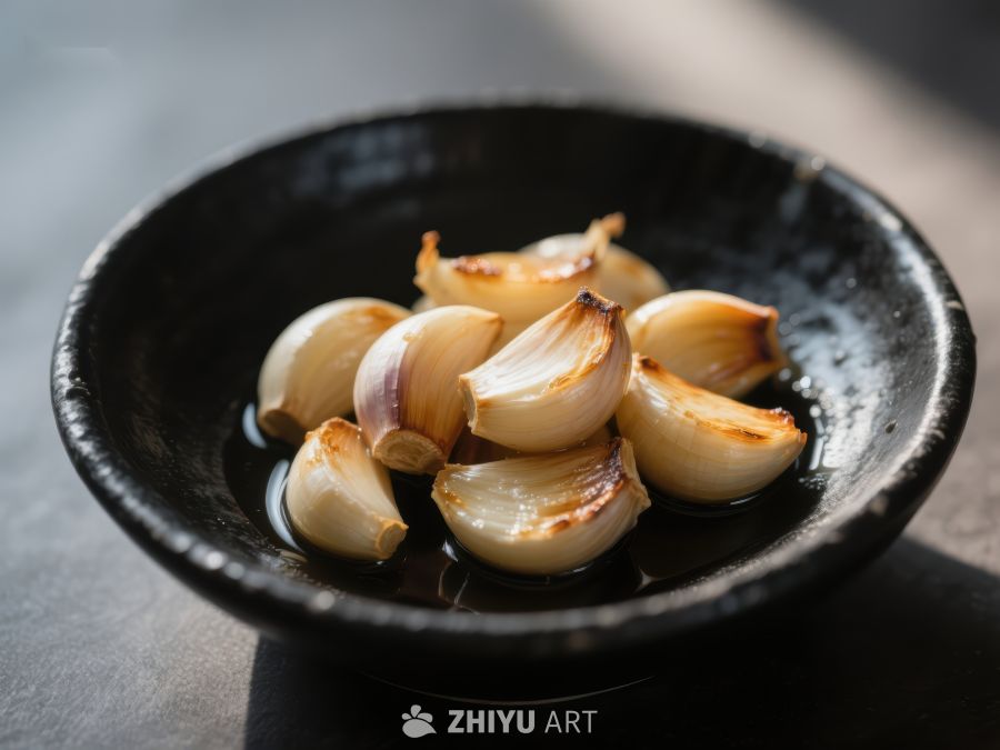 烤制蒜瓣置于黑色碗中 327