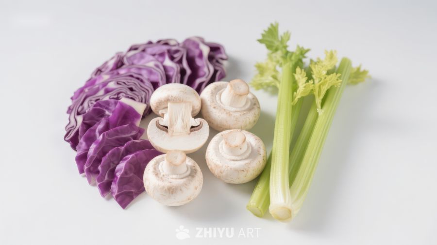 新鲜蔬菜组合：紫甘蓝、蘑菇与芹菜
