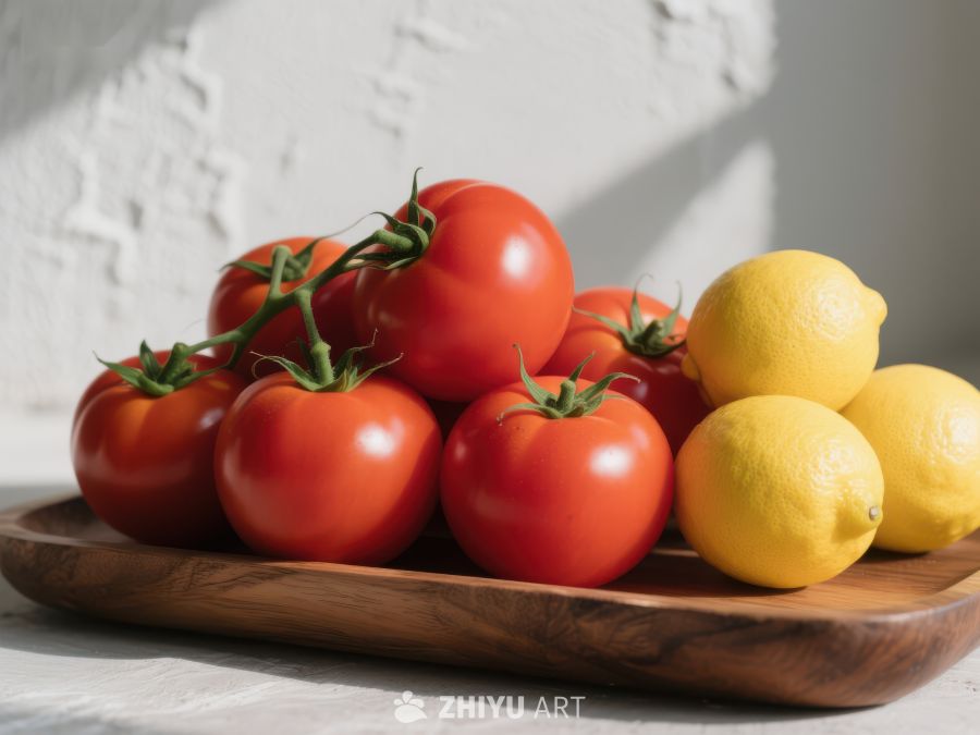新鲜番茄与柠檬的静物组合 457
