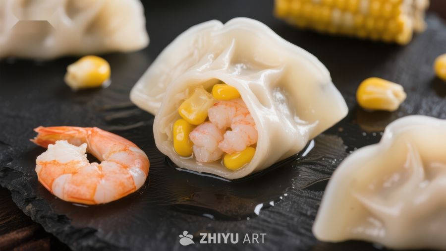 鲜虾玉米饺子特写