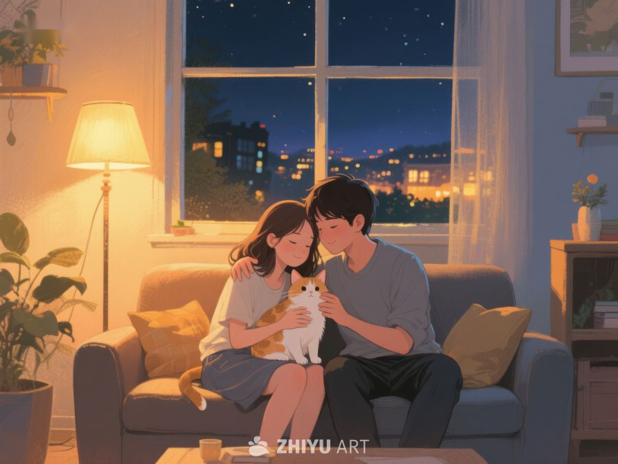 温馨夜晚，情侣与猫共度时光 897