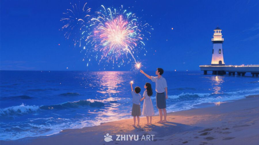 海边烟花下的温馨一家 312