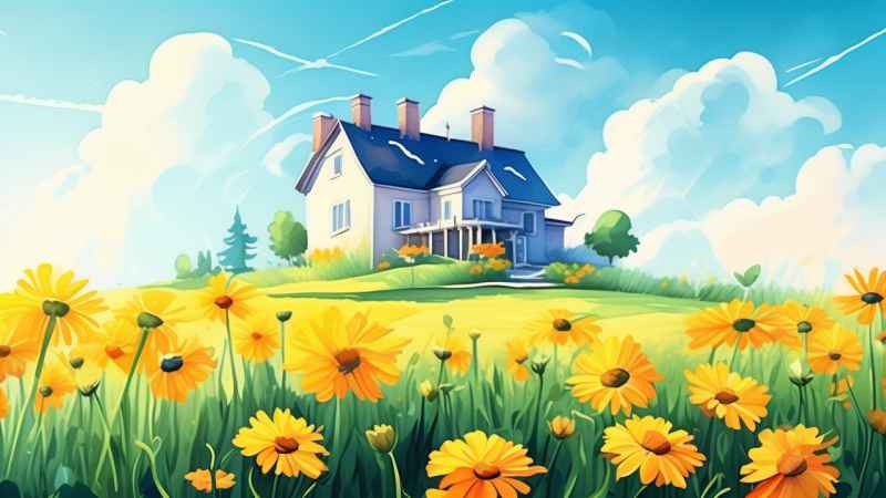 绿色田野里有黄色花朵的房子的水彩插图 72