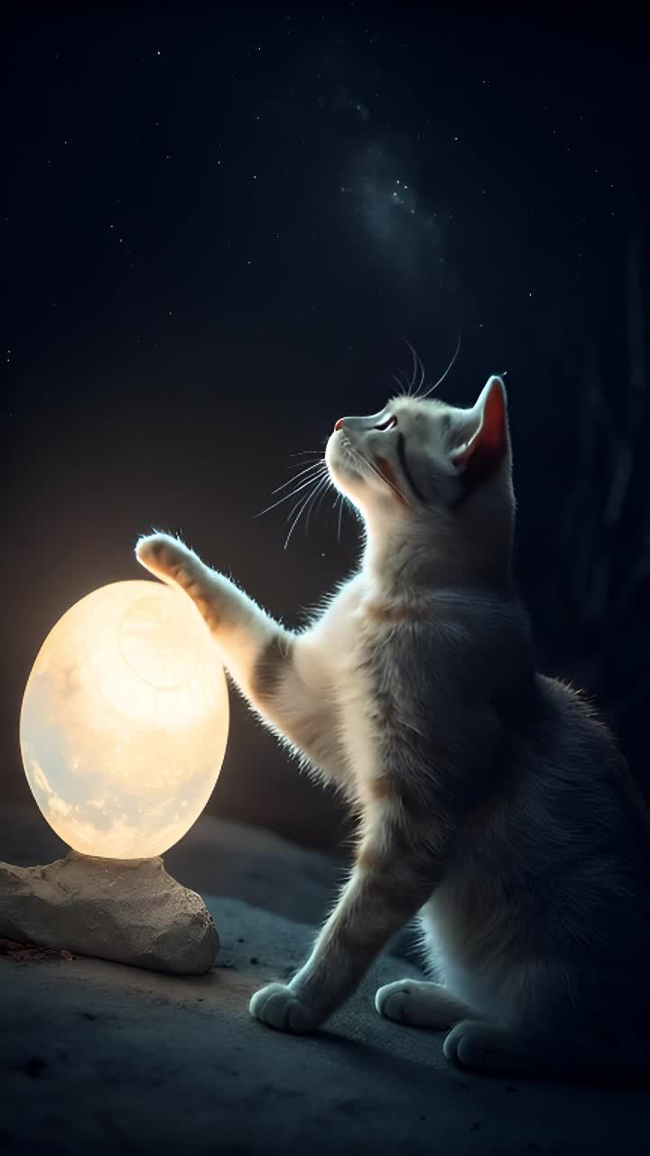 一只灰色和棕色相间的小猫，抬起头仰望星空，它的一只