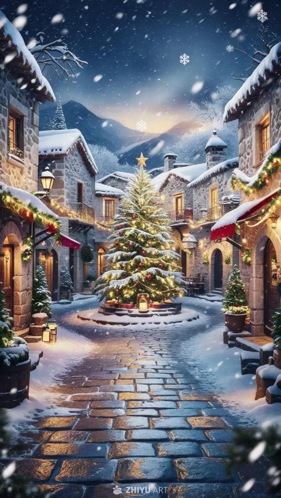 一个传统的希腊村庄在下雪的夜晚，被一场戏剧性的暴风