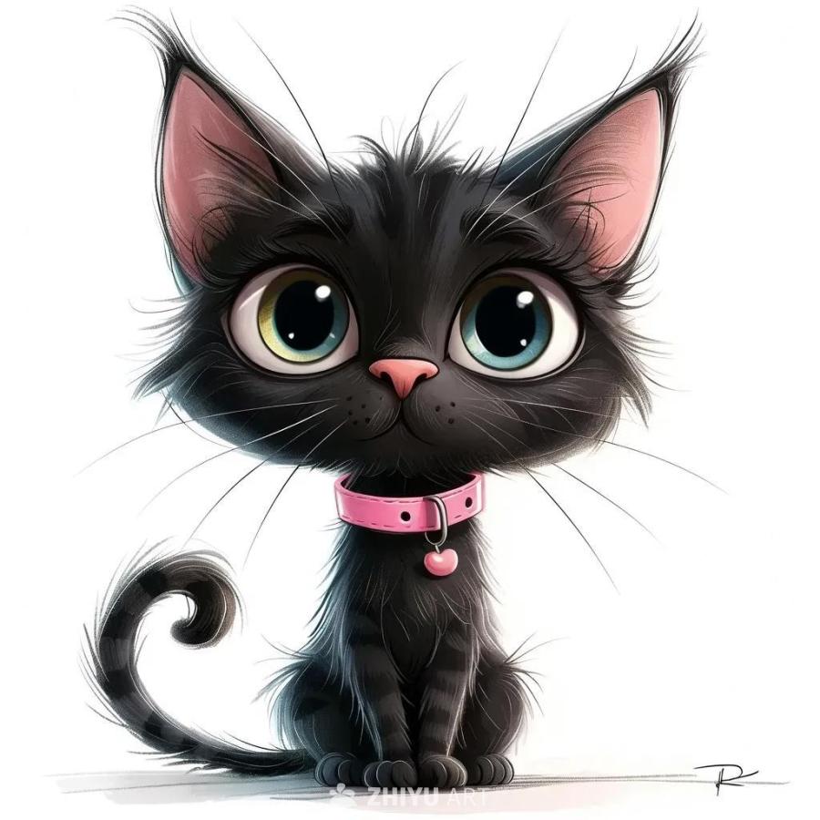 一只卡通风格的手绘猫，脖子被滑稽地拉长，毛发蓬乱，