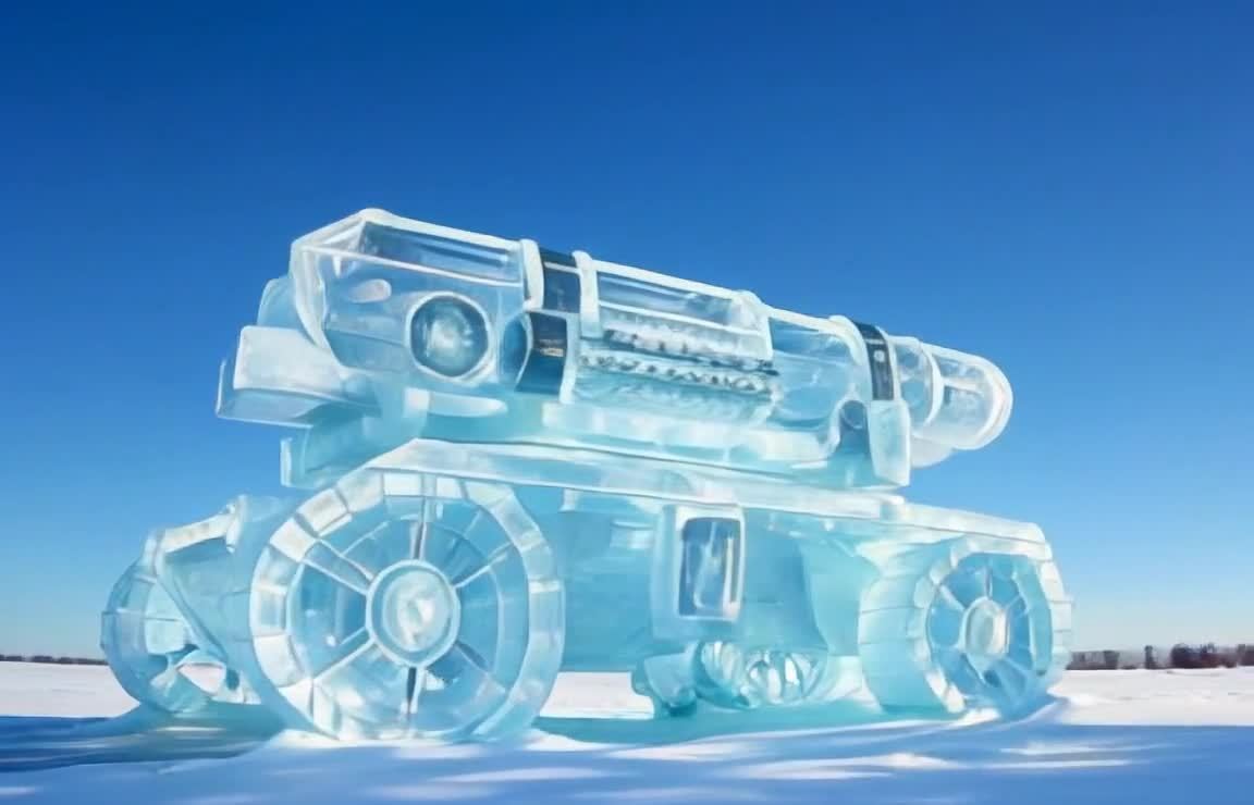 冰雕坦克雪地伫立，蓝天下的艺术奇观。