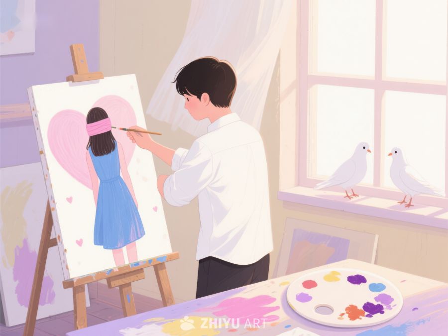画家专注创作，画布上的女孩与爱心 380