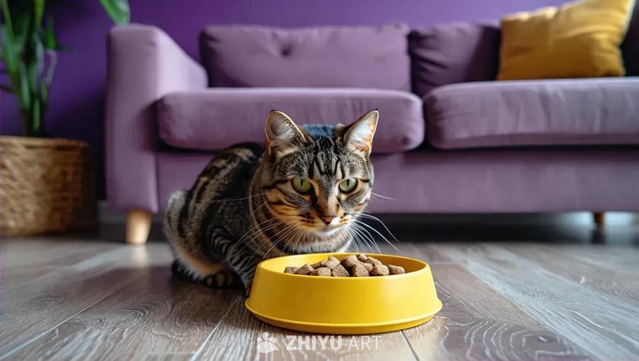 一只小猫位于铺有棕色木地板的房间内，房间以紫色为主
