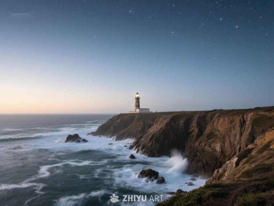 夜幕下的灯塔与海浪 482
