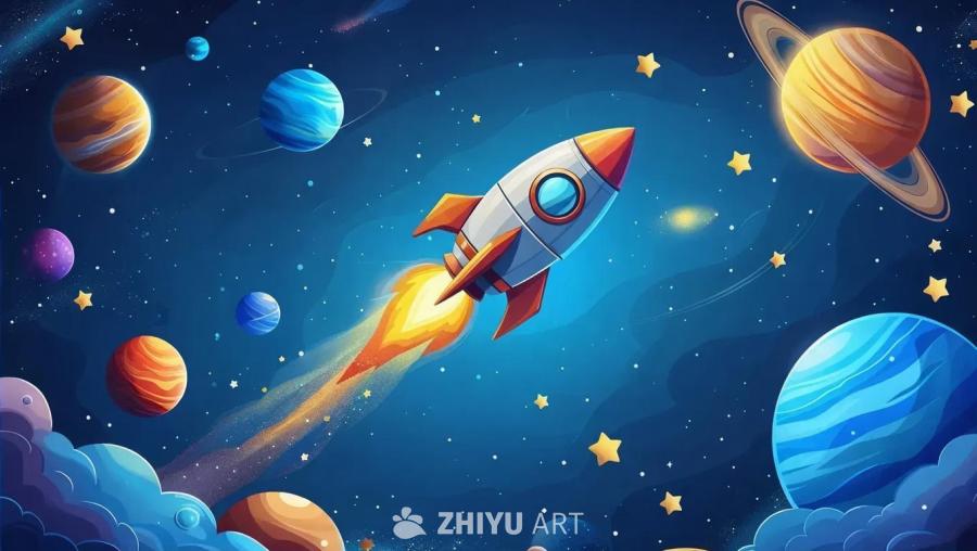 卡通风格的深蓝色太空背景，点缀着闪烁的星星和色彩鲜