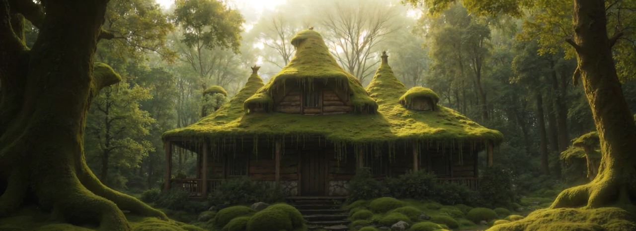 森林小屋：苔藓覆盖的木屋与绿色植被交织
