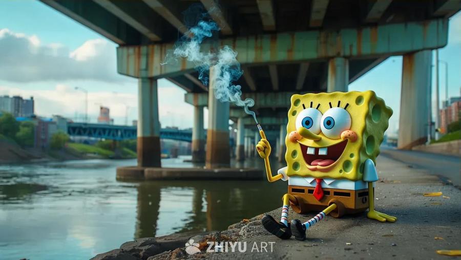 海绵宝宝坐在桥下，手持冒烟的物体。背景中有河流，桥
