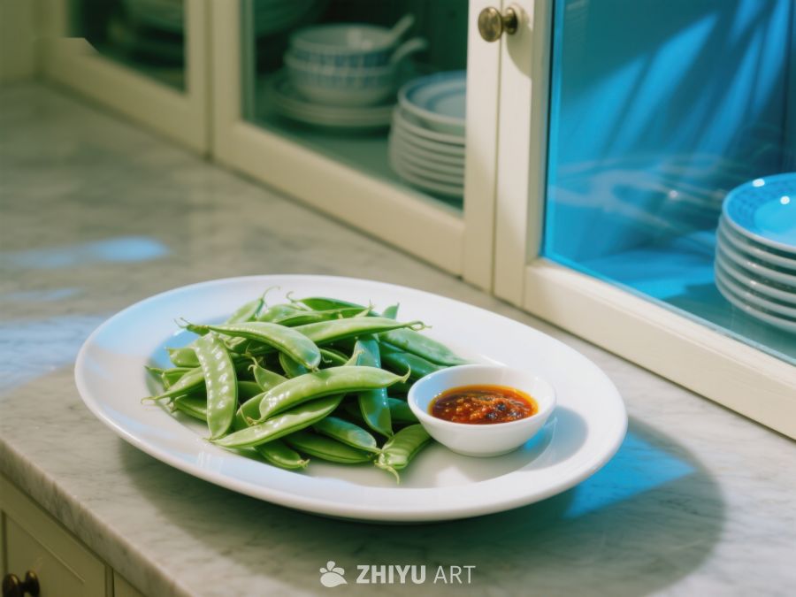 新鲜荷兰豆配辣椒酱，置于厨房台面 433