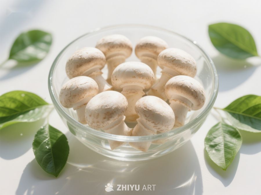 玻璃碗中的新鲜蘑菇与绿叶 33