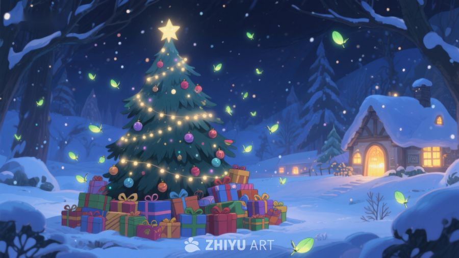 雪夜中的圣诞树与小屋 487
