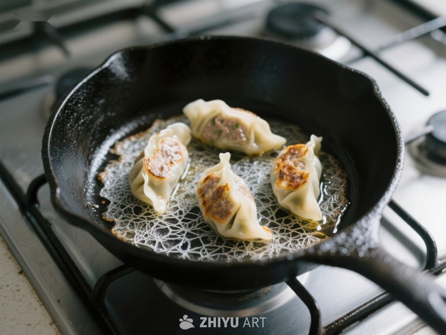 锅中煎制的饺子 268
