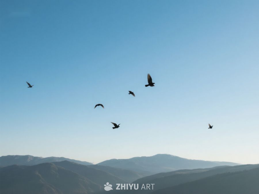 群鸟翱翔于蓝天山峦间 64