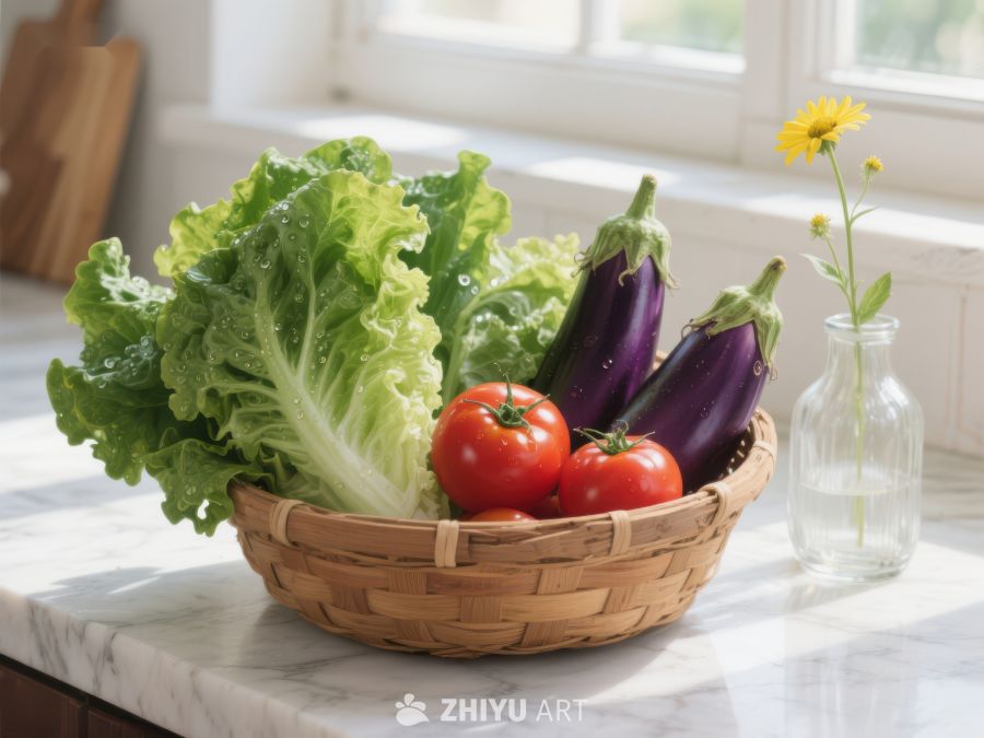 新鲜蔬菜篮置于厨房台面 663