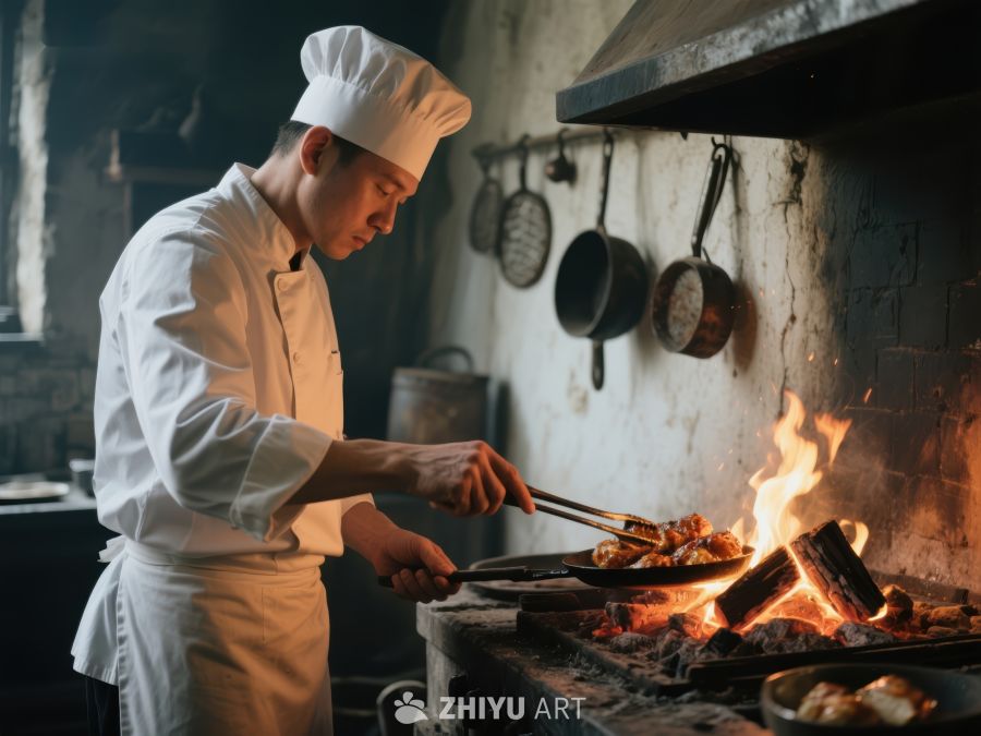 厨师在传统厨房用火烤制食物 59