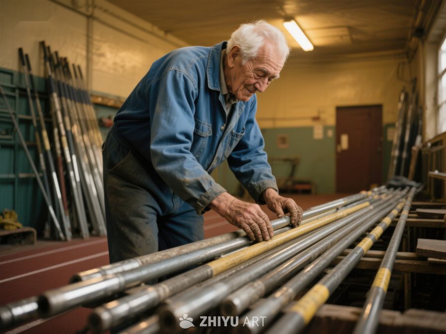 老工人在车间检查金属管材 185