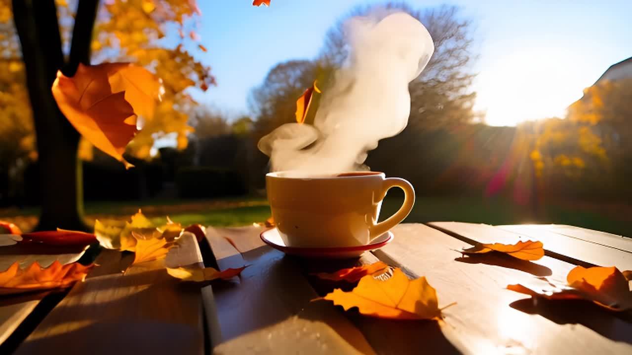 一个黄色的杯子放在木桌上，杯子里冒着热气，杯子下面