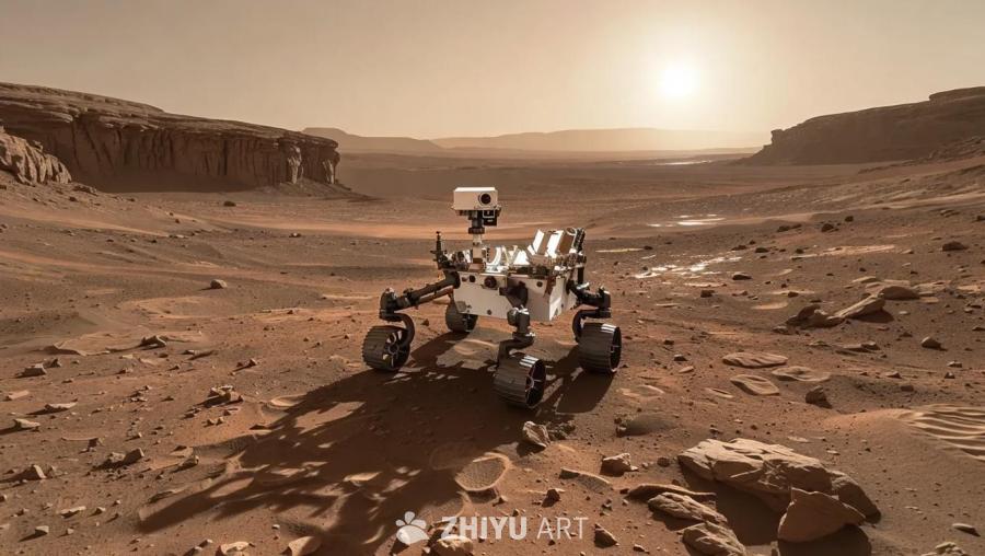 火星表面，一辆探测车以每小时5英里的速度行驶。地面