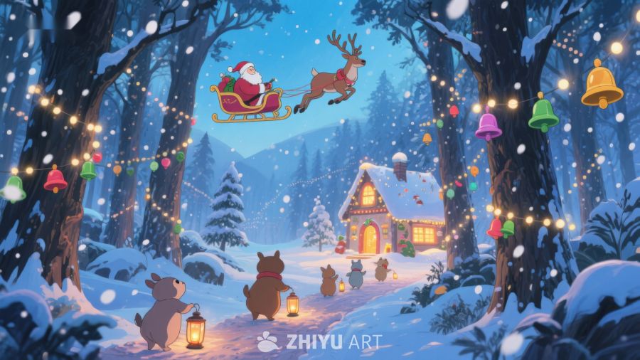 圣诞夜森林中的雪橇飞行 236