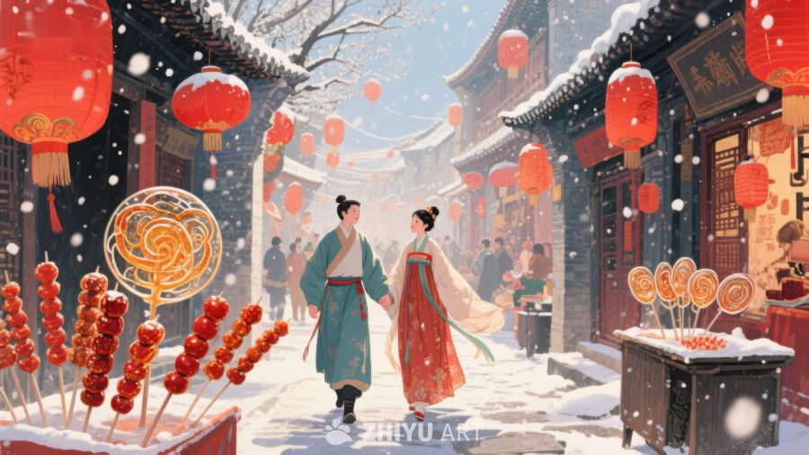 雪中古街，情侣共赏红灯 1100