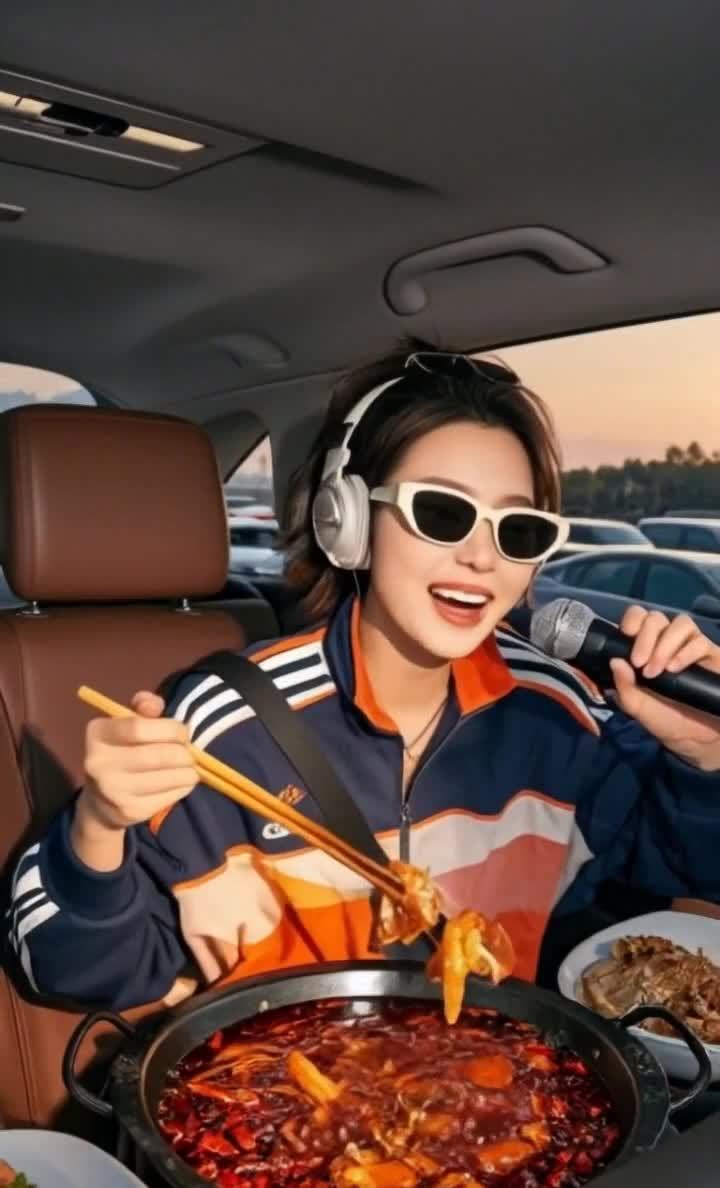 一个戴着白色耳机和太阳镜的女人坐在汽车里，她穿着一