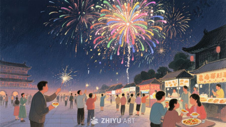 夜市烟火绽放，人群欢聚庆祝 132