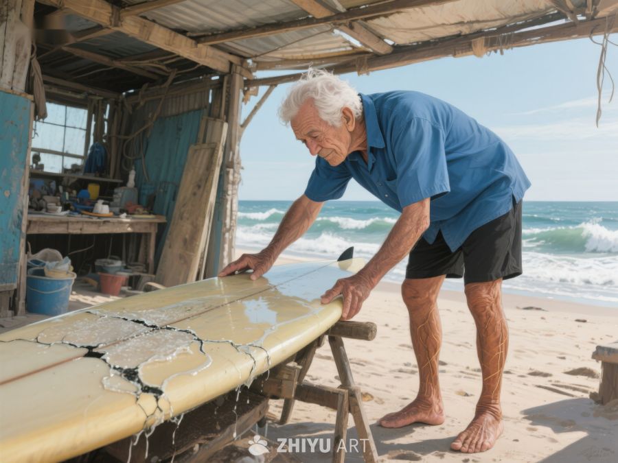 老人海边修补冲浪板 392