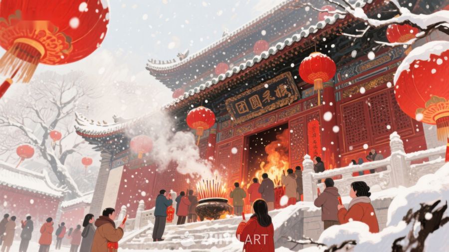 雪中古庙祈福，红灯映衬喜庆氛围 139