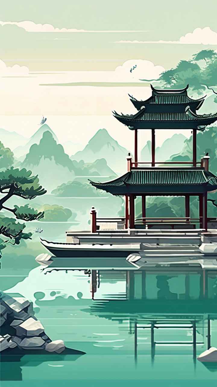 中国画园林植物水亭子插画 6