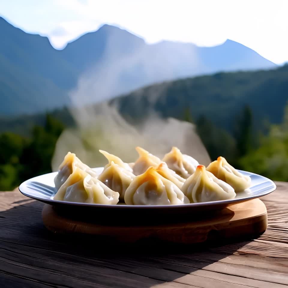 一盘热气腾腾的饺子放在一张古朴的木桌上，背景是连绵起伏的山脉。蒸汽从饺子里升起，强调了它们的鲜嫩和温暖。