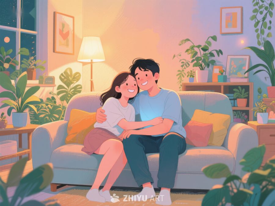 温馨夜晚，情侣沙发共度时光 895