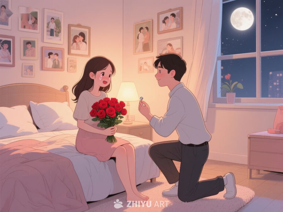温馨求婚场景：男子单膝跪地献花 772
