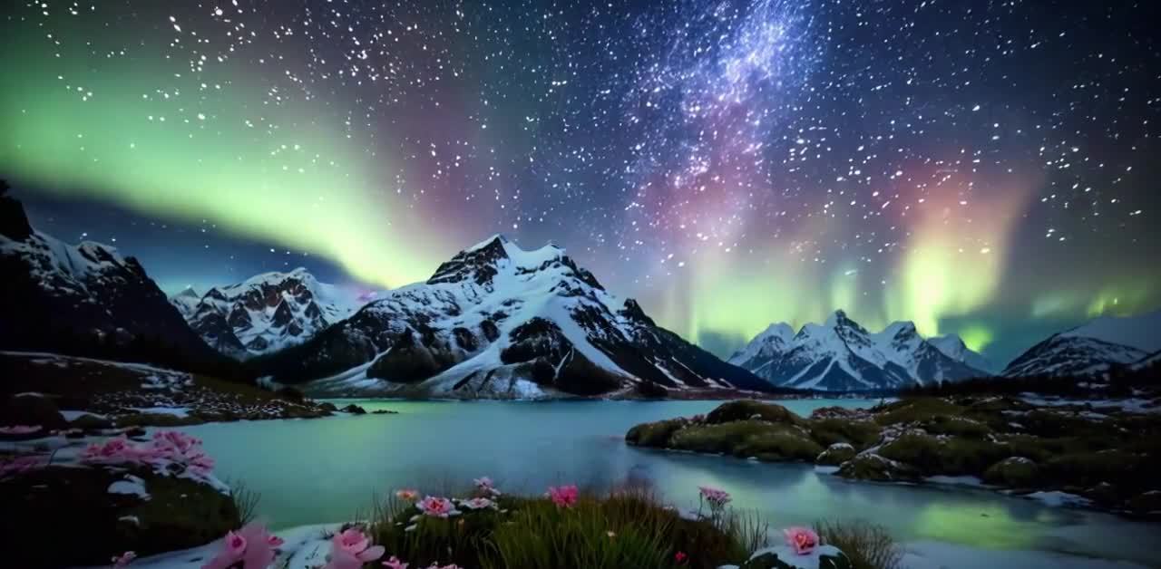 极光下的雪山湖泊与星空花草夜景
