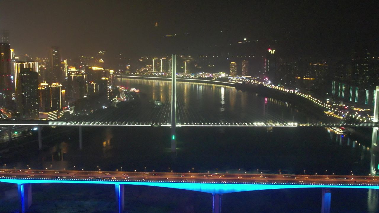  重庆长江大桥夜景交通航拍