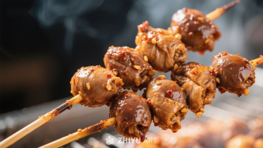美味烤串上的酱汁鸡胗