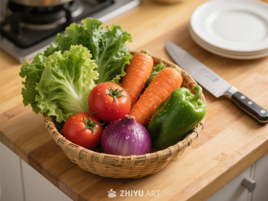 新鲜蔬菜篮子置于木质台面 671